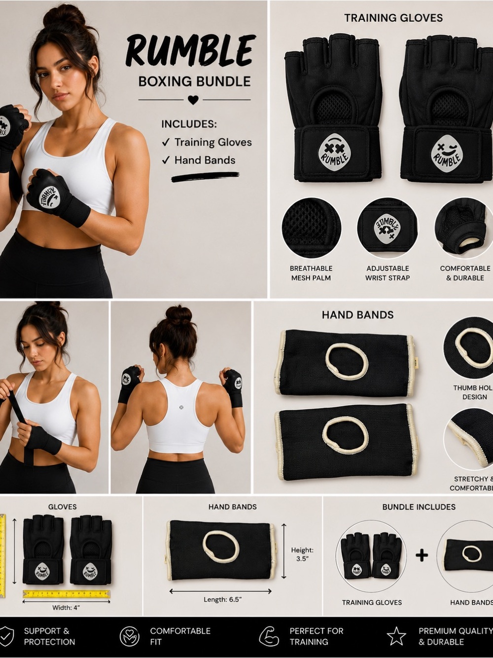 Rumble Boxing Training Gloves + Hand Bands Bundle Black Workout Fitness Gear